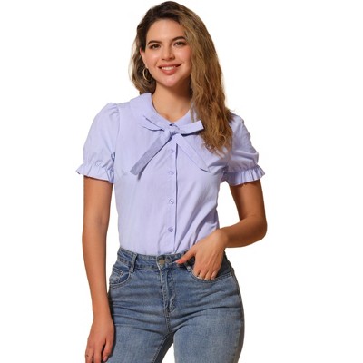 INSPIRE CHIC Women's Vintage Bow Tie Solid Peter Pan Collar Office Button Up Shirt