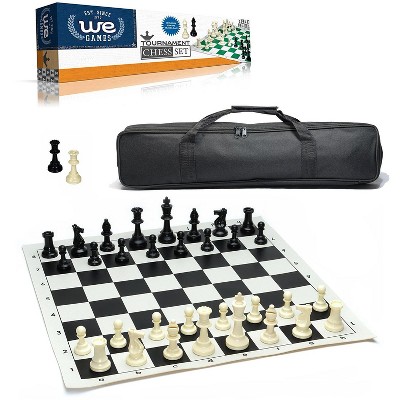 Complete Tournament Chess Set – Plastic Chess Pieces with Roll-up Chess Board and Travel Canvas Bag