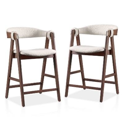 HOMES: Inside + Out Set of 2 Pearlcrest Mid-Century Modern Boucle Upholstered Counter Height Barstool Chairs Walnut