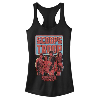 Juniors Womens Stranger Things Scoops Troop Character Pose Racerback Tank Top