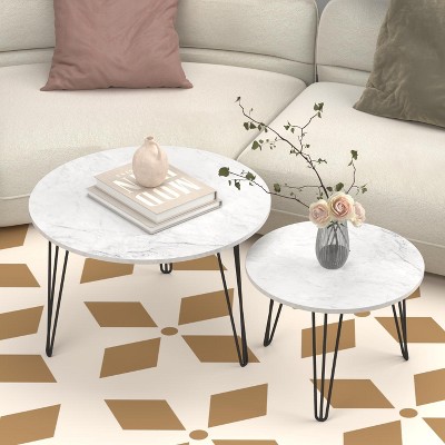 KWPZQEB Round Nesting Coffee Table Set of 2, Modern Coffee Table Round with Sturdy Metal Base, Wood Side Tables Set of 2 for Living Room