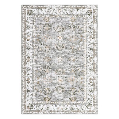 Vintage Rug Non Slip Non Shedding Washable Rug Bordered Printed Low Pile Soft Distressed Foldable Carpet for Bedroom Living Room Office Nursery