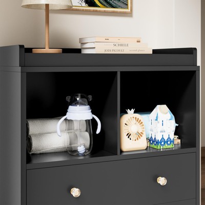 Changing Tablewith Pad, 2 Drawers and 2 Open Compartments for Nursery Room with Modern White Diaper Changing Station,