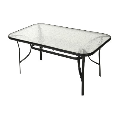 Emma and Oliver Rectangular Tempered Glass Top Patio Table with Umbrella Hole and Black Steel Tube Frame