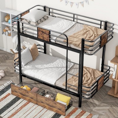 Twin XL Over Twin XL Bunk Bed With 2 Storage Drawers Guardrail Metal Bunk Bed Frame For Kids Teens Bedroom No Box Spring Needed