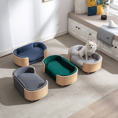 Mocamel Scandinavian style Elevated Dog Bed Pet Sofa With Solid Wood legs and Bent Wood Back, Velvet Cushion,Small Size