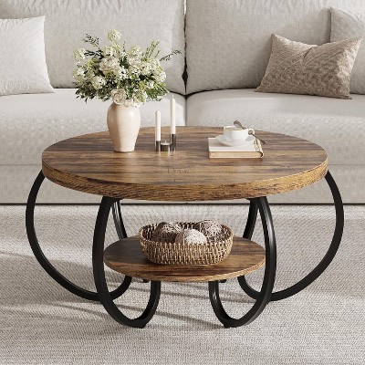 Round Coffee Table 30" Center Table, 2-Tier Coffee Table with Adjustable Feet, Living Room Tables with Storage Shelf and Designed Wood Grain