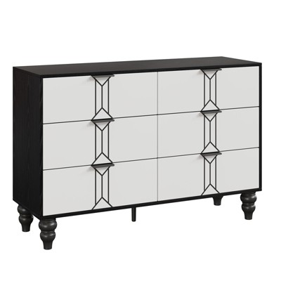 Modern Wooden 5 Drawer Dresser with Vintage Pattern Design, Tall Dresser with Deep Drawers for Bedroom, Living Room and Entryway, Oak and Gold