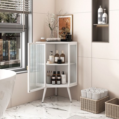 Akoasm 22.25 Inch Bathroom Coner Storage Cabinet With Glass Doors & Shelf-White