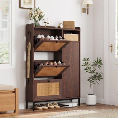 Rattan Shoe Cabinet with 3 Flip Drawers, Freestanding 4-Tier Shoe Storage Organizer with Adjustable Shelves