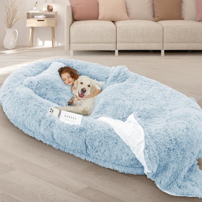 71''x45''x12''  Human Dog Bed Fits Adult 10 CM Thick Memory Foam Washable Oversize Dog Bed with Plump Pillow, Blanket, Strap - Blue