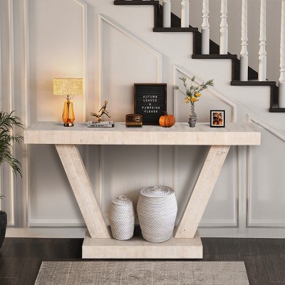 60" Rectangular Wood Console Table with Distressed Finish,Double-Tier Open Storage, Vintage Farmhouse Entryway Table-Cuddlewood