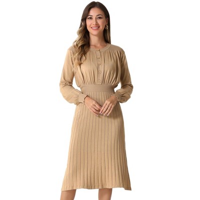 Allegra K Women's Ribbed Crew Neck Pleated Lantern Sleeve Midi Knit A-line Dress