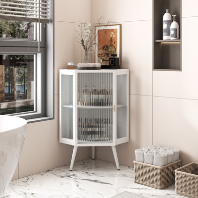 KTMBDW Floor Corner Cabinet with Tempered Glass Doors and Shelves,Free-Standing Corner Cabinets for Bathroom, Kitchen, Living Room