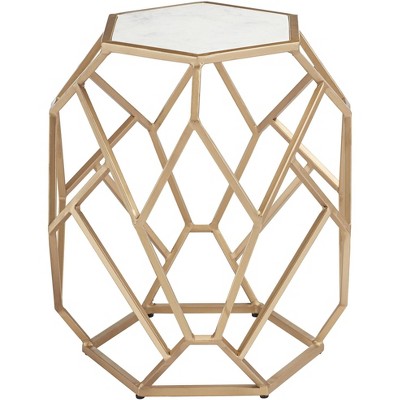 Coast to Coast Accents Modern Gold Metal Hexagon Accent Table 20 1/2" Real White Marble Tabletop for Living Room Bedroom Bedside