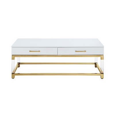 HomeRoots 47" White Gold And Clear Wood Acrylic And Steel Coffee Table