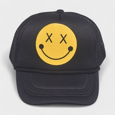 Black Smiley Face Baseball Cap Trucker Hat with Smiley Face Design – Classic Mesh Back Cap, Comfortable Fit, Adjustable Snapback