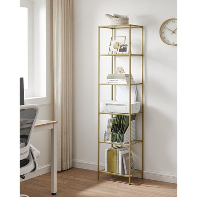 Bookcase, 6-Tier Bookshelf, Slim Shelving Unit for Bedroom, Bathroom, Home Office, Tempered Glass