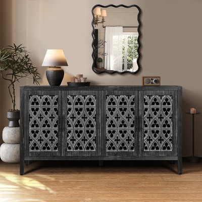 Dolonm 60 in.4-Door Farmhouse Cabinet with Adjustable Shelves and Carved Floral Design MDF Storage for Living Room