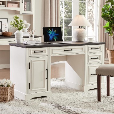 58" Executive Desk, Farmhouse Computer Office Desk with Drawers & Cabinet, Embossed Texture Design, for Work, Study, Writing