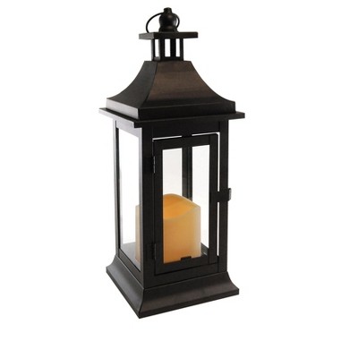 LumaBase Metal Lantern with Battery-Operated Candle - 13" Black