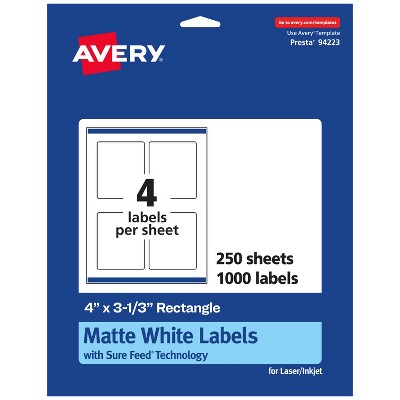 Avery Matte White Rectangle Labels, 4" x 3-1/3"