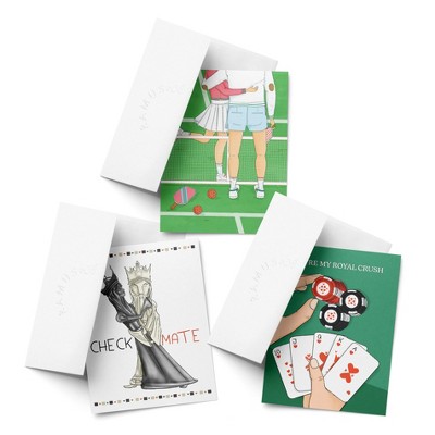 Love/Valentine's Assorted Greeting Card Pack (3ct) "Pickleball Couple, Check Mate, Royal Crush" by Ramus & Co