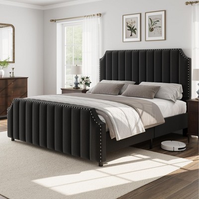 Queen/King Velvet Platform Bed - Upholstered Frame with Tufted Headboard & Footboard, No Box Spring