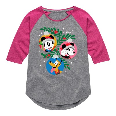 Girls' - Disney - Mickey Minnie Pluto Ornaments Shirt Tail Raglan Graphic T-shirt