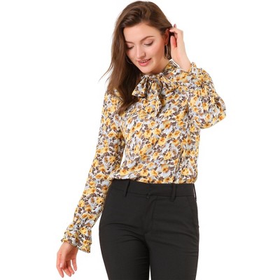 Allegra K Women's Floral Tie V Neck Chiffon Ruffle Trumpet Sleeve Blouse
