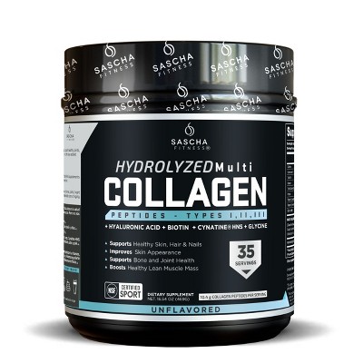 Sascha Fitness Hydrolyzed Multi Collagen Peptides Types I, II & III – Hair, Skin & Bone Support – Unflavored Powder 16.54 oz