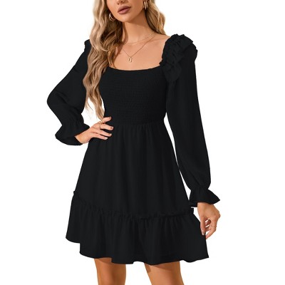 Women's Smocked Square Neck Short Dress Ruffle Long Puff Sleeve Casual Mini Dress Wedding Guest Dresses for Women