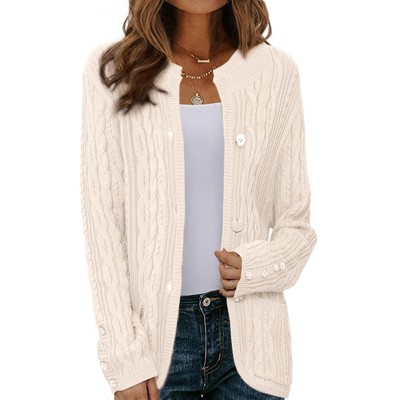 INSPIRE CHIC Women's Button Down Long Sleeve Crew Neck with Pockets Casual Sweater Cardigan