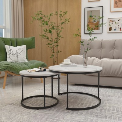 Nesting Coffee Table Set of 2, 27.6inch Round Coffee Table Wood Marble Pattern Top with Sturdy Metal Frame, End Table Side Tables