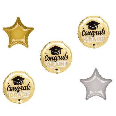 LOONBALLOON Graduation Grad Theme Balloon Set, 3x pcs Standard Congrats Grad Shiny Gold  Balloon, Star Foil