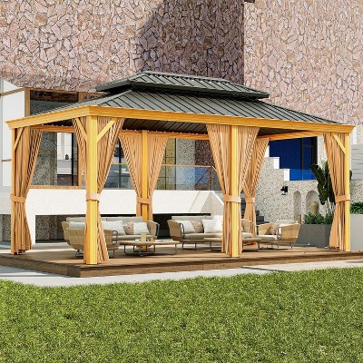 Gazebo 12x20ft Hardtop - Outdoor Metal Roof Sun Shade Tent with Netting & Curtains (Brown)