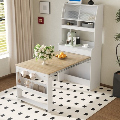 Extendable Dining Table Buffet with Hutch Foldable Dining Table Multifunctional Cupboard with Storage Shelf & Side Hooks-ModernLuxe