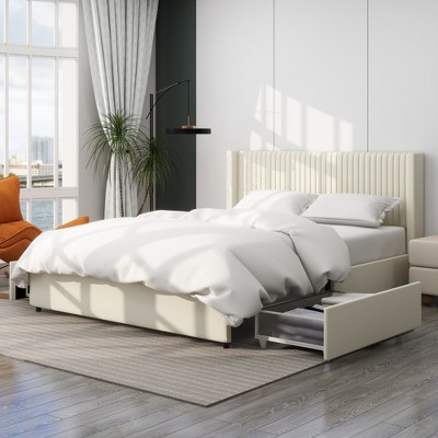Queen Size Ivory Velvet Upholstered Platform Bed with Two Drawers