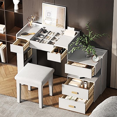 QingMoon Makeup Vanity with Flip-Top Mirror, Dressing Table Set with Cushioned Stool, Retractable Side Cabinet and Ample Drawers for Bedroom
