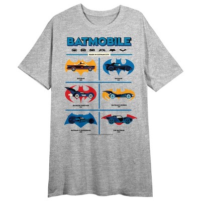 Batman 85th Mashup Evolving Batmobiles Crew Neck Short Sleeve Gray Heather Women's Night Shirt