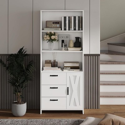 COZONY 71" Black/White Modern Bookcase with Door and 3 Drawers, Wooden Bookshelf with 3-Tier Open Shelves for Living Room, Office, Bedroom