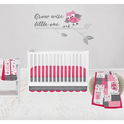 Bacati - Owls in the Woods Pink Fuchsia Gray 4 pc Baby Girl Crib Bedding Set with Diaper Stacker