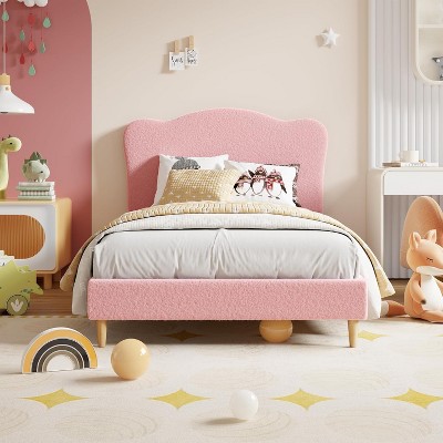 Twin XL/Full Bed Frame for Kids, Upholstered Platform Bed with Boucle Headboard for Girls, Cute Velvet Twin Bed, No Box Spring Needed