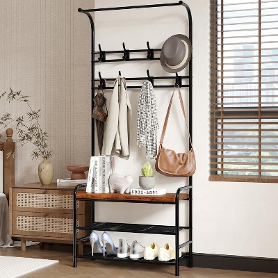 Hall Tree Shoe Bench, 4-in-1 Entryway Storage Bench with 8 Sturdy Hooks