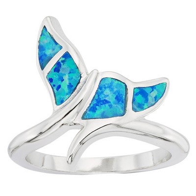 Opalata Sterling Silver Blue Inlay Opal Whale Tail Ring - Available Sizes:  9 ,  8 ,  7 ,  6