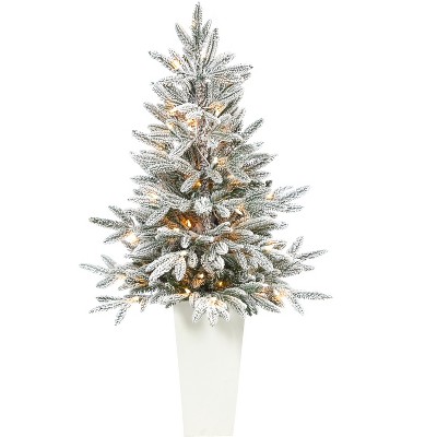Nearly Natural 44-in Flocked Manchester Spruce Artificial Christmas Tree with 50 Lights and 133 Bendable Branches in White Planter