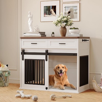 42" Wooden Dog Crate Furniture with Sliding Barn Door, Storage Drawer & Hook, Indoor Decorative Pet Kennel Table for Small/Medium Dogs
