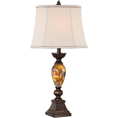 Kathy Ireland Mulholland Traditional Table Lamp 30" Tall Aged Bronze Golden Marbleized with Dimmer Off White Bell Shade for Bedroom Living Room Office