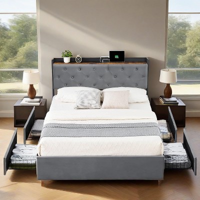 homfan Bed Frame with Charging Station Upholstered Headboard & 4 Storage Drawers,Platform Bed Frame Mattress Foundation with Wooden Slats Support