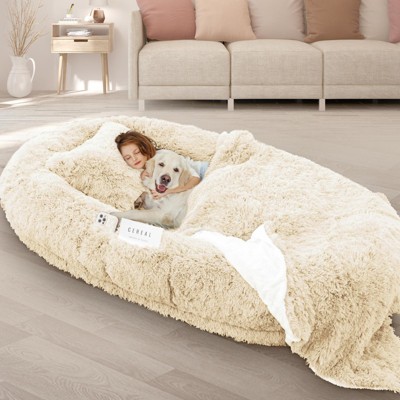 71''x45''x12''  Human Dog Bed Fits Adult 10 CM Thick Memory Foam Washable Oversize Dog Bed with Plump Pillow, Blanket, Strap - Beige